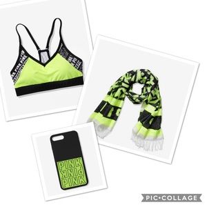 VS PINK Neon Citrus Bra, Case, Scarf Bundle Large